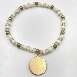 Vintage White Gold Tone Beaded Stretch Bracelet Blank Disc Charm Boho Stackable